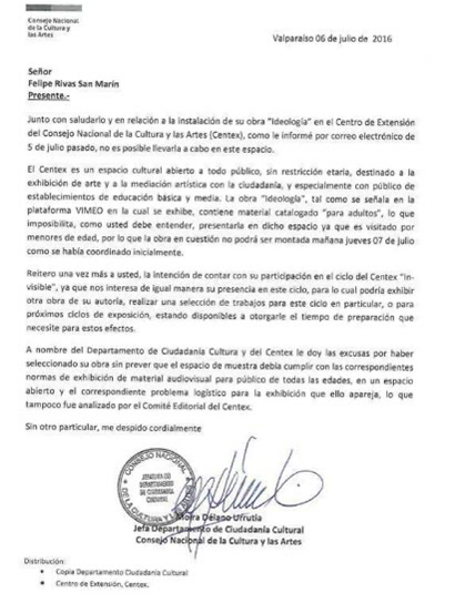 Letter sent by Moira D&eacute;lano Urrutia, Head of the Department of Cultural Citizenship of the National Council of Culture and the Arts (CNCA), to Felipe Rivas, visual artist, on July 6th, 2016. Courtesy of Felipe Rivas.