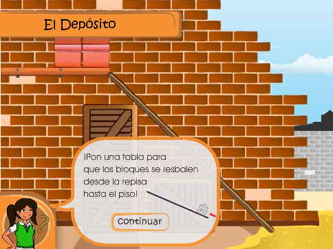Instrucci&oacute;n modificada del reto de plano inclinado (juego m&aacute;quinas simples). El globo de texto del juego con la instrucci&oacute;n modificada.Escobar, D. (2013) [imagen]