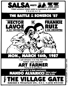 Figura 3. Reproducci&oacute;n del afiche del evento Salsa Meets Jazz en The Village Gate de Nueva York, 1987. Hector Lavoe vs. Frankie Ruiz. Artista invitado, Art Farmer.