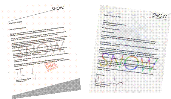 Snow Drogas - Carta de presentaci&oacute;n. Fabi&aacute;n Montenegro, 2000.