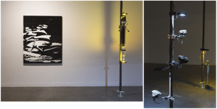Figuras 1 y 2. Ana Alenso: El Resplandor Los Dejó Ciegos (2022). Instalación. Piedras de asfalto, botellas de agua, pistola dispensadora de combustible, mangueras, luces LED, lentejuelas y objetos encontrados. Medidas variables. Cortesía de la artista.