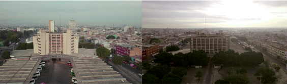 Figura 6. Antigua Central Camionera, Guadalajara, México. Vista de ave carroñera sobrevolando la ruina del lugar. Fotogramas extraídos de un registro audiovisual realizado por Carlos Winik Dueñas Infante, 2022.