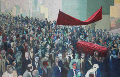 Iosu Aramburu Funerales de un nuevo hombre 2019 &Oacute;leo sobre tela 150 x 220 cm Foto Marcela Barrag&aacute;n  y Paul Granthon