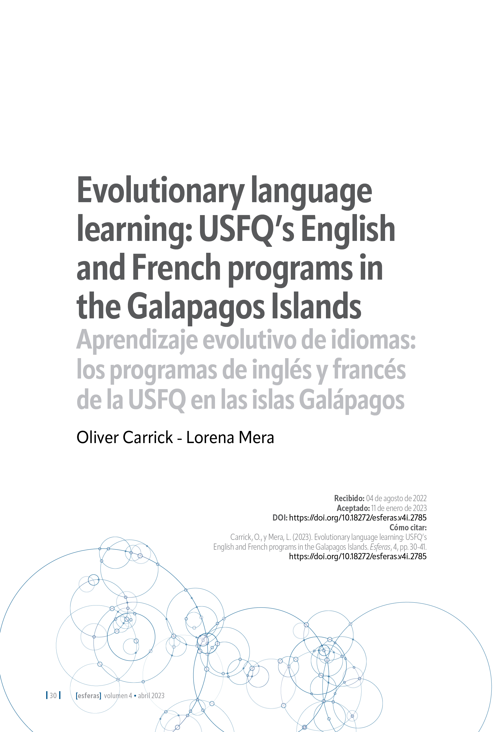 Portada del artículo "Evolutionary language learning: USFQ’s English and French programs in the Galapagos Islands"